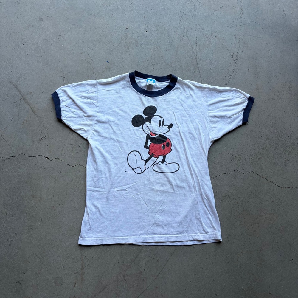 Vintage 80s Disney Mickey Mouse Ringer T-Shirt Mens Large White Navy - Picture 1 of 8